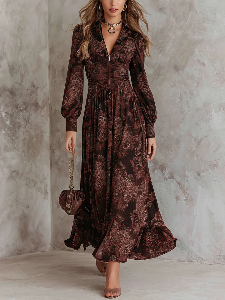 Marlene | Vestido Midi Paisley con Cuello de Cremallera