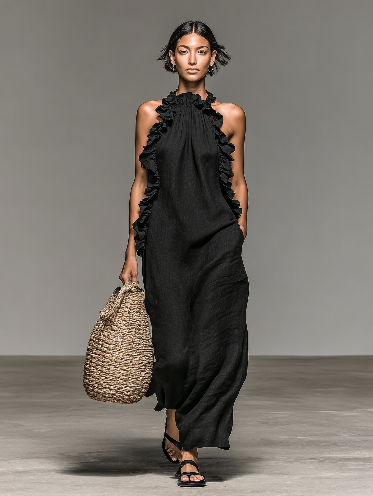 Vestido maxi sin mangas, en una mezcla de lino, con detalles de volantes