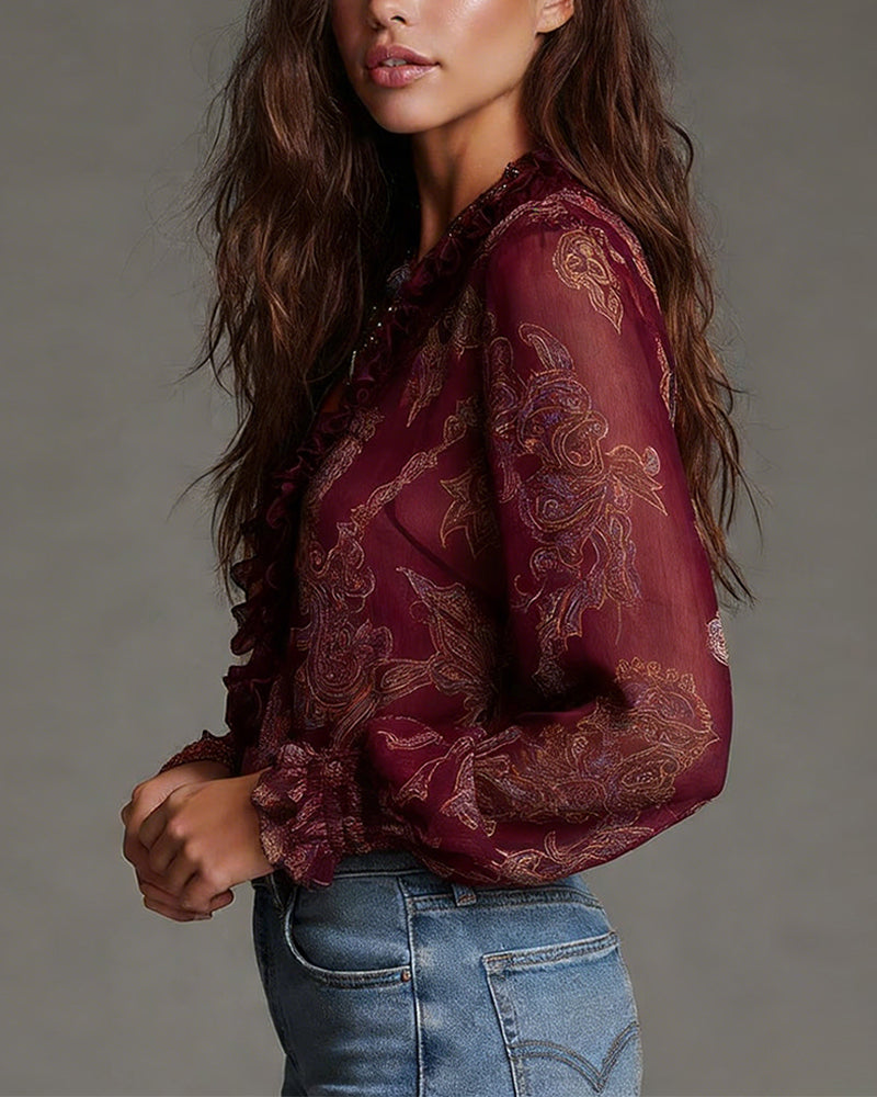 Blusa Demi-Zip Volante Retro