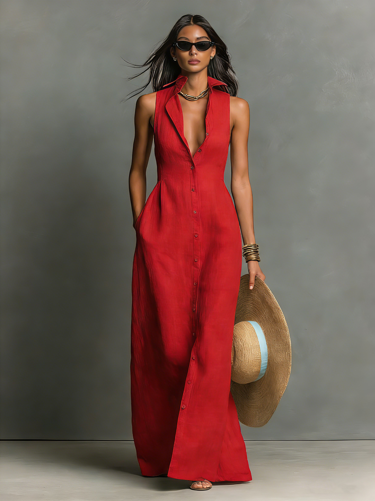 Vestido-camisa maxi minimalista, de una sola fila de botones, sin mangas y con cuello