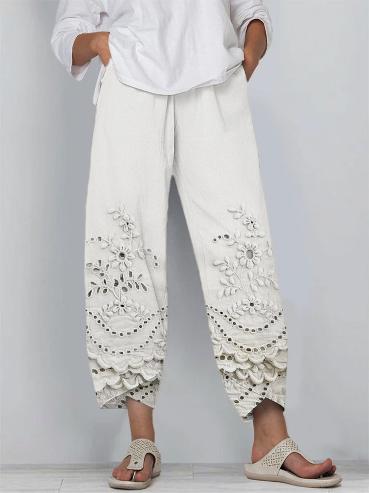 Verena - Pantalones Sueltos de Encaje Floral de Color Sólido