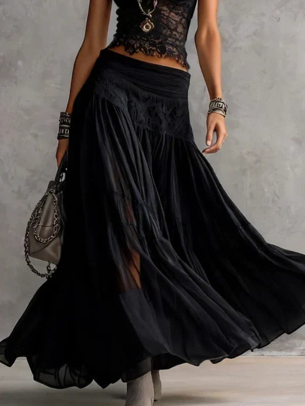 Marianne - Top gris transparente con detalles de encaje y falda maxi plisada (conjunto)