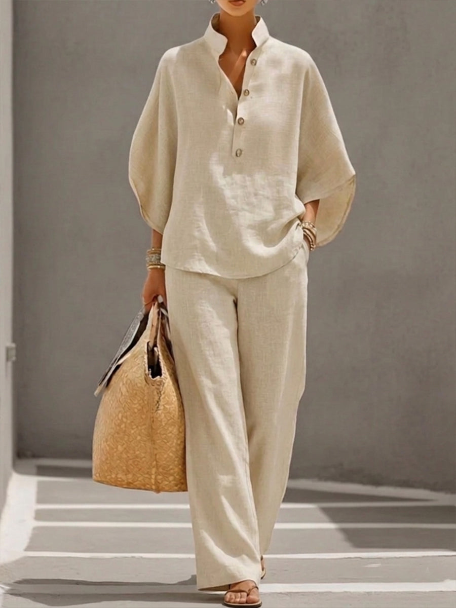 Mariel | Conjunto de Algodón y Lino con Mangas Murciélago Pantalón Ancho