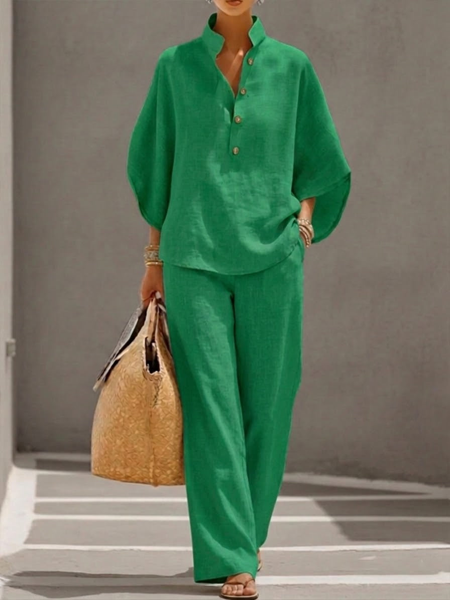 Mariel | Conjunto de Algodón y Lino con Mangas Murciélago Pantalón Ancho