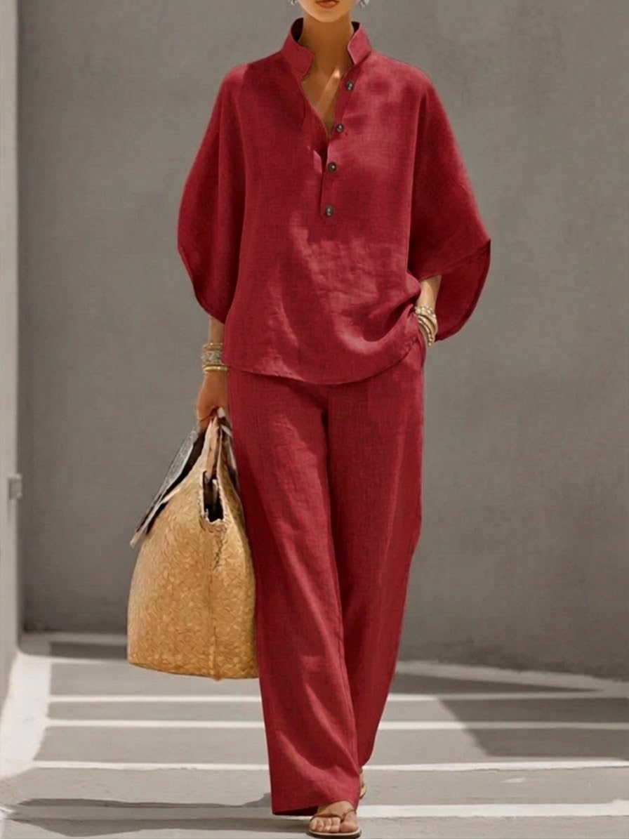 Mariel | Conjunto de Algodón y Lino con Mangas Murciélago Pantalón Ancho