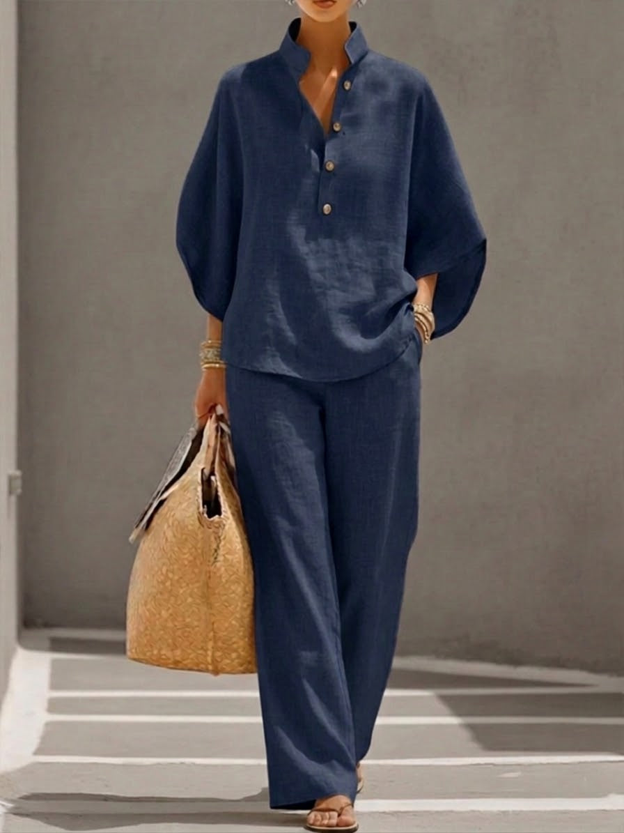 Mariel | Conjunto de Algodón y Lino con Mangas Murciélago Pantalón Ancho