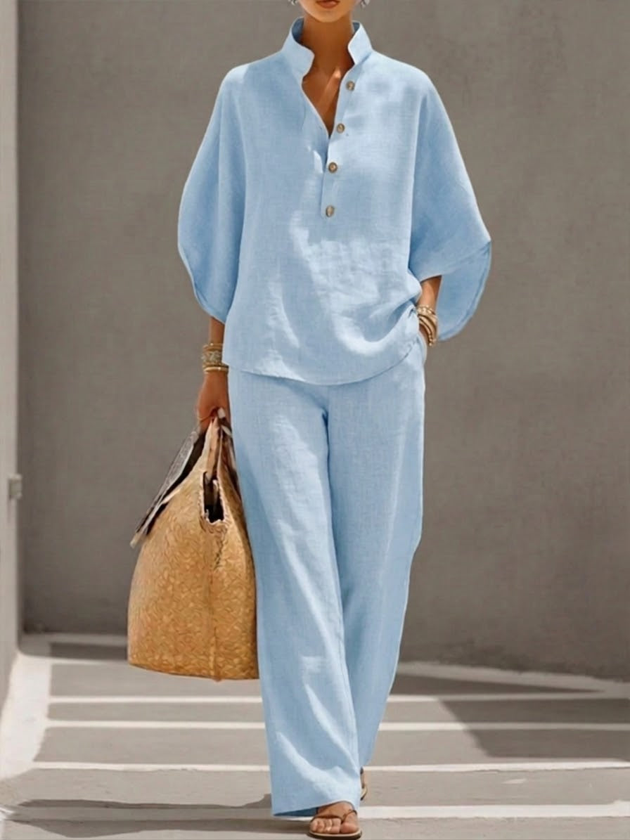 Mariel | Conjunto de Algodón y Lino con Mangas Murciélago Pantalón Ancho