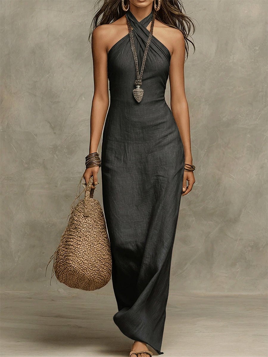 Avelina™ | Vestido maxi voluptuoso con escote en la espalda, de algodón y lino