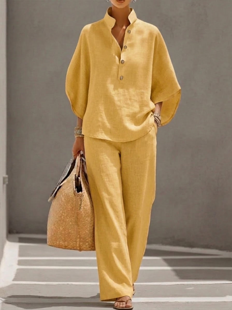 Mariel | Conjunto de Algodón y Lino con Mangas Murciélago Pantalón Ancho