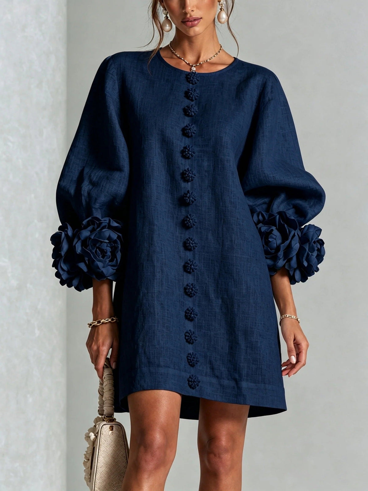 Vestido Floral con Mangas Globo y Escote Redondo