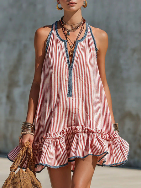 Fiammetta | Vestido mini sin mangas a rayas, con volantes y escote redondo