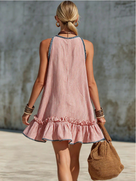 Fiammetta | Vestido mini sin mangas a rayas, con volantes y escote redondo